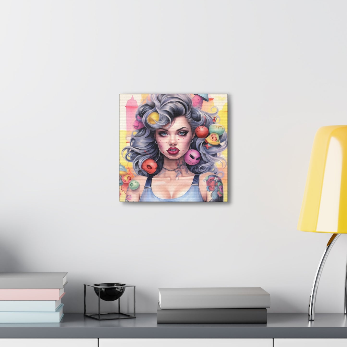 Gallery Wrapped Canvas, Tattooed Beauty, Femme Doll Pop Art Canvas – Lila