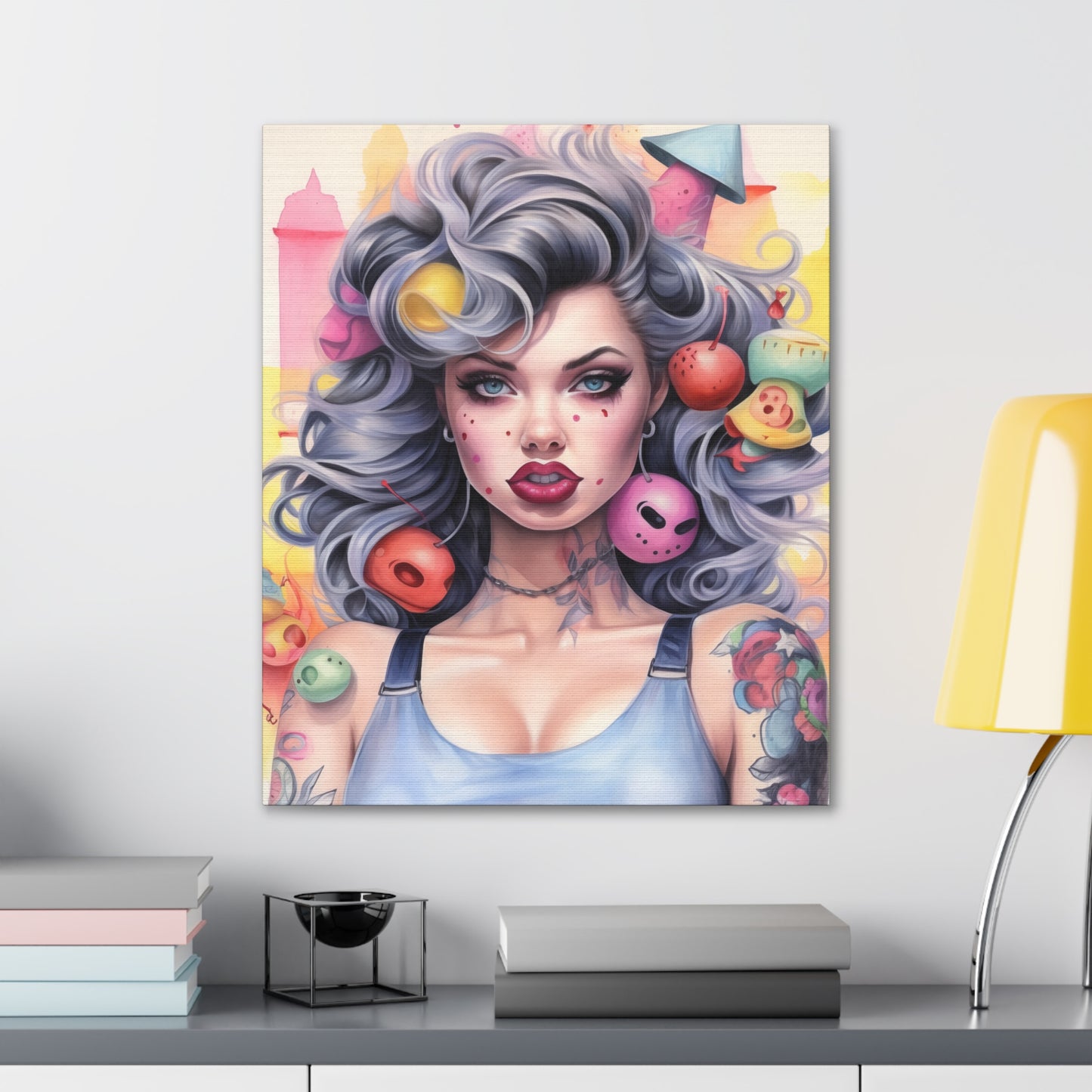 Gallery Wrapped Canvas, Tattooed Beauty, Femme Doll Pop Art Canvas – Lila