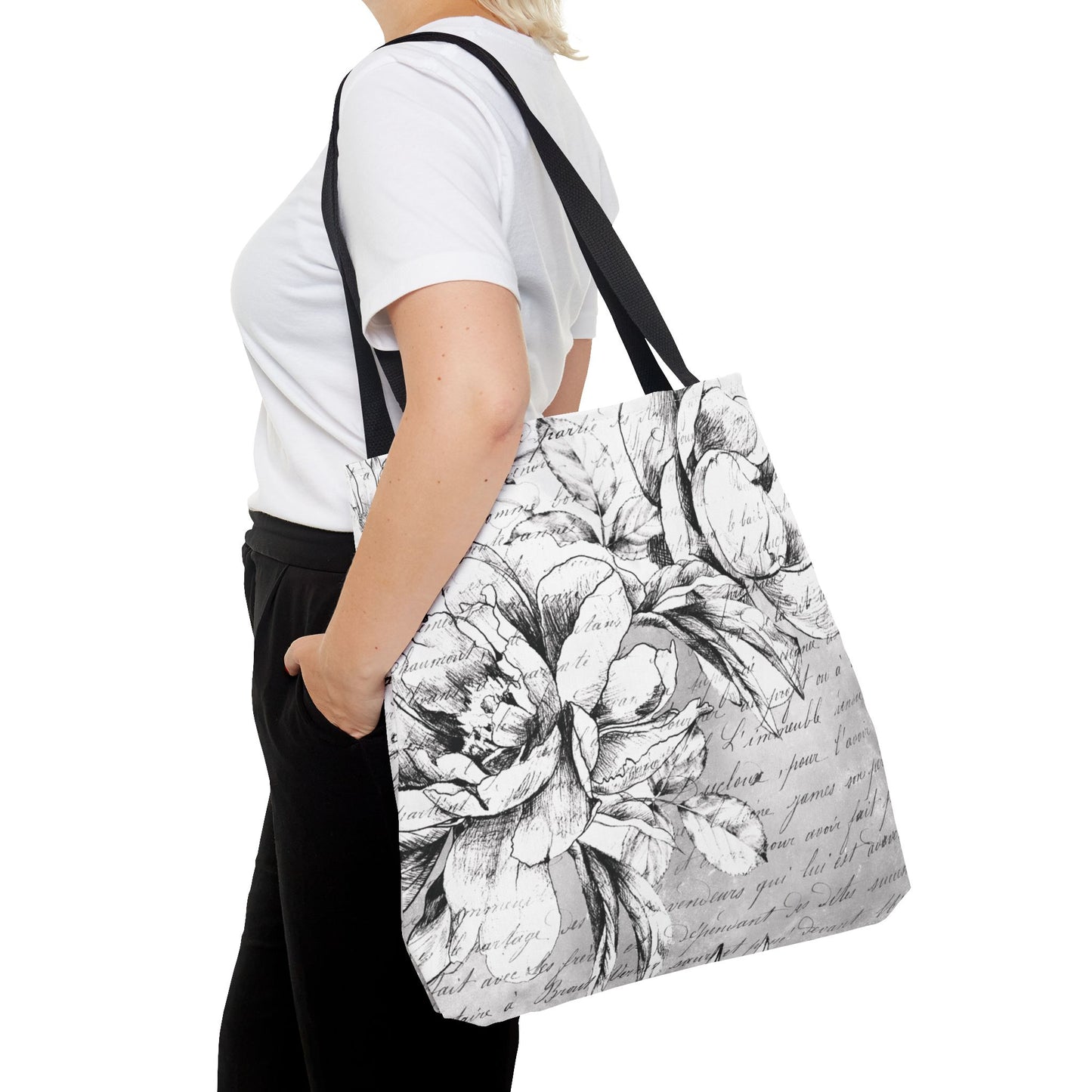 Peony Sketch Tote Bag, Utility Tote - Script Tote - Love Letters and Peonies