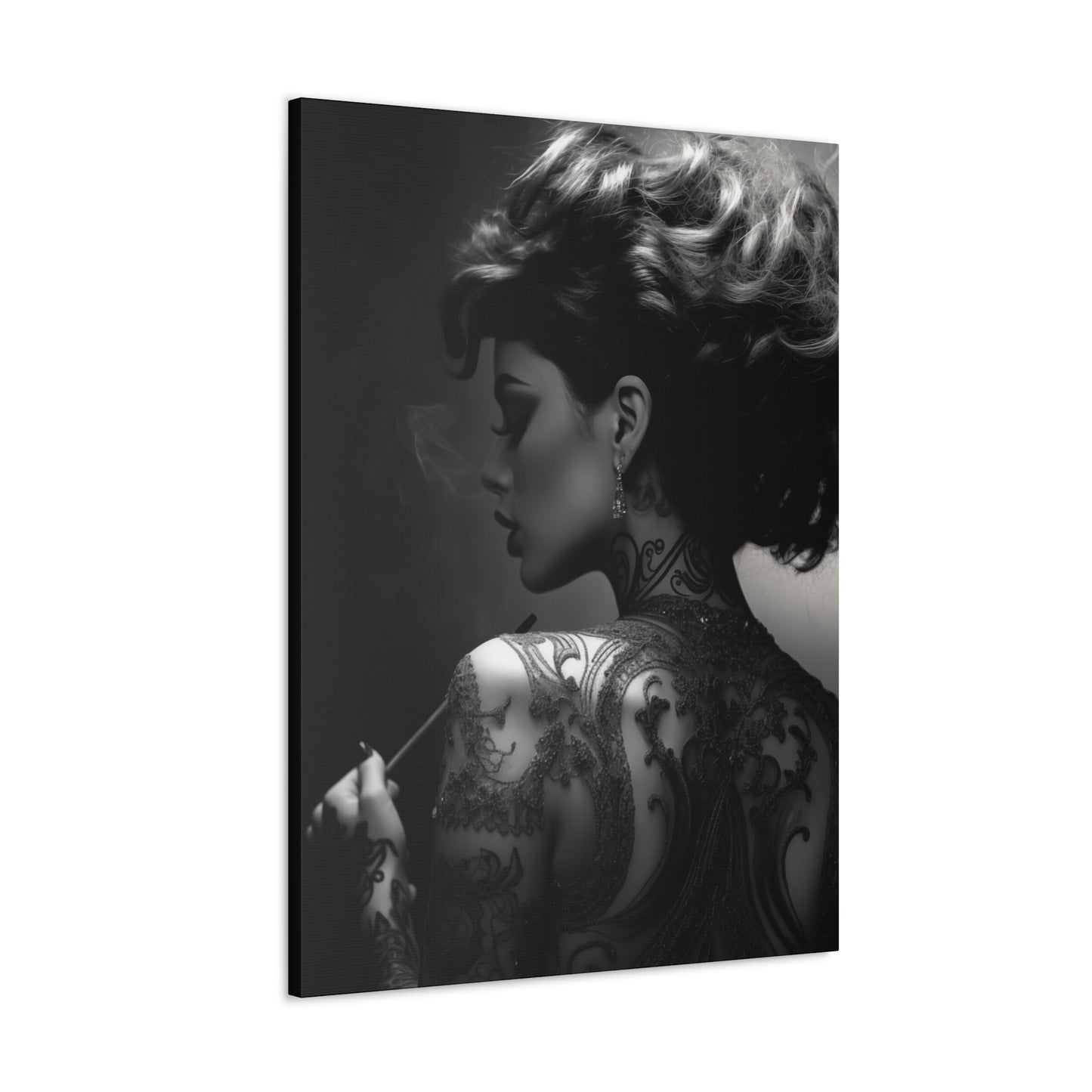 Canvas Gallery Wrap - Black and White Photography - Tattooed and Smoking