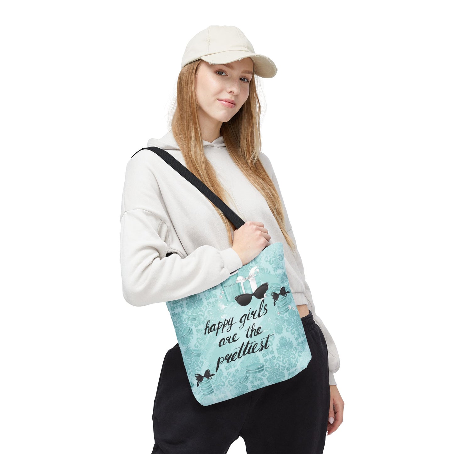Happy Girls are the Prettiest Canvas Tote Bag, Basic Square Tote - Breakfast at Tiffany Inspired, Paris Blue Tote