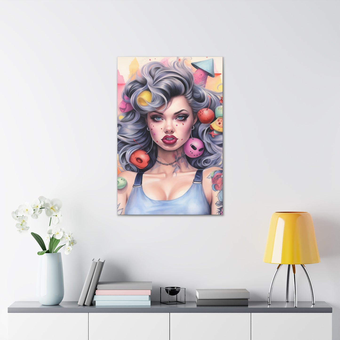 Gallery Wrapped Canvas, Tattooed Beauty, Femme Doll Pop Art Canvas – Lila
