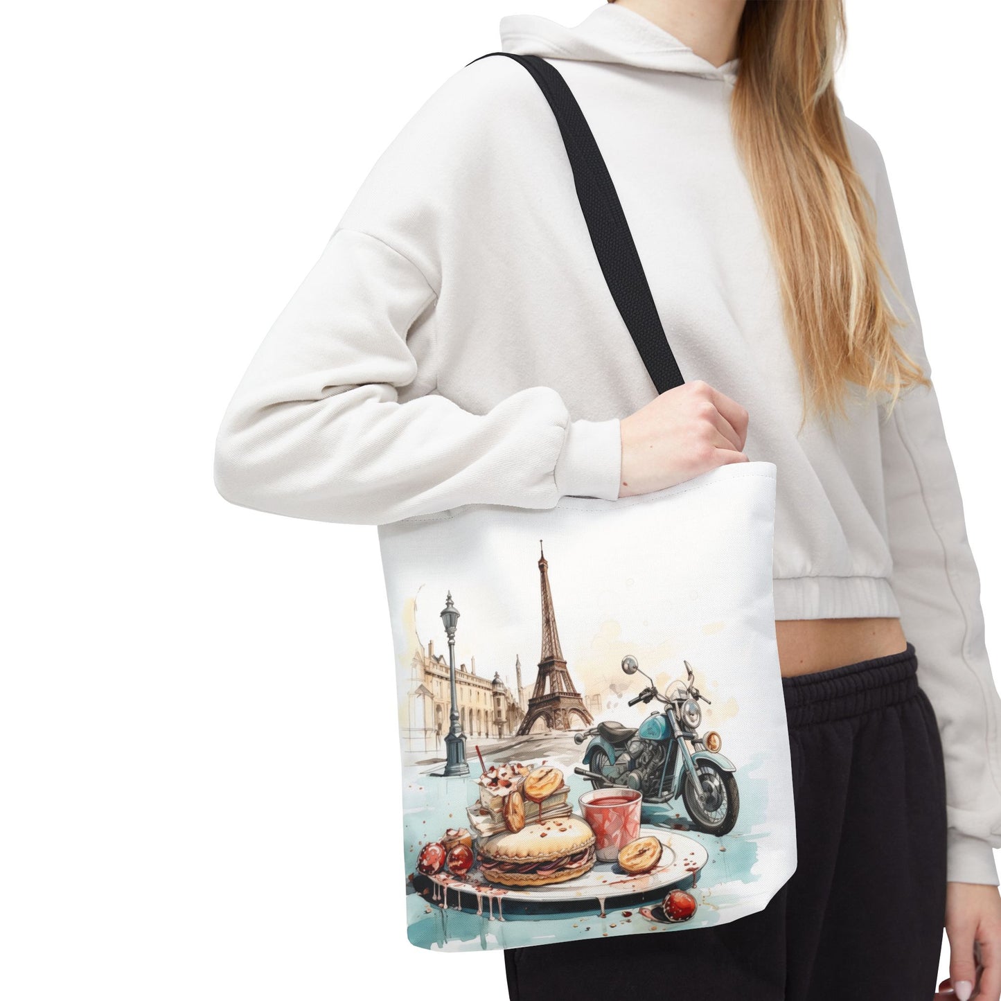 Canvas Tote Bag, Basic Square Tote - Vintage Motorcycle and Pastries in Paris