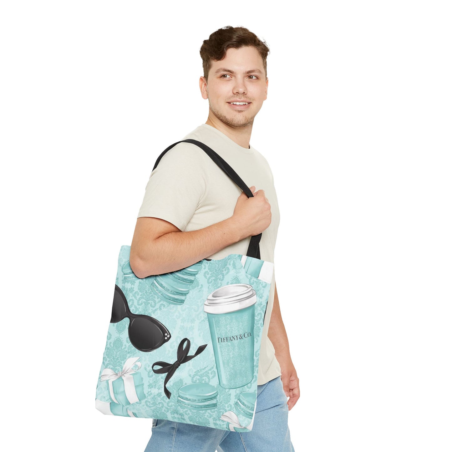 Coffee and Macarons Canvas Tote Bag, Basic Square Tote - Breakfast at Tiffany Inspired, Paris Blue