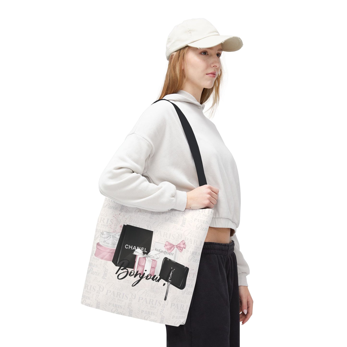 Bonjour Tote Bag, Utility Tote - Designer Inspired Tote - Shopping Fashion Tote - Parisian Pink