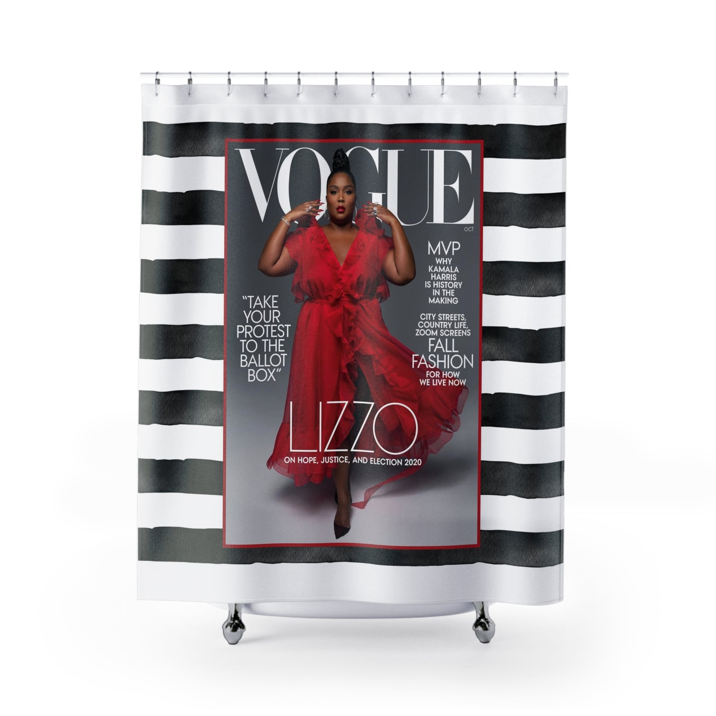 LIZZO Fashion Icon VOGUE Shower Curtain - Fashion Magazine Shower Curtain - Black & White Stripe Bathroom Curtain