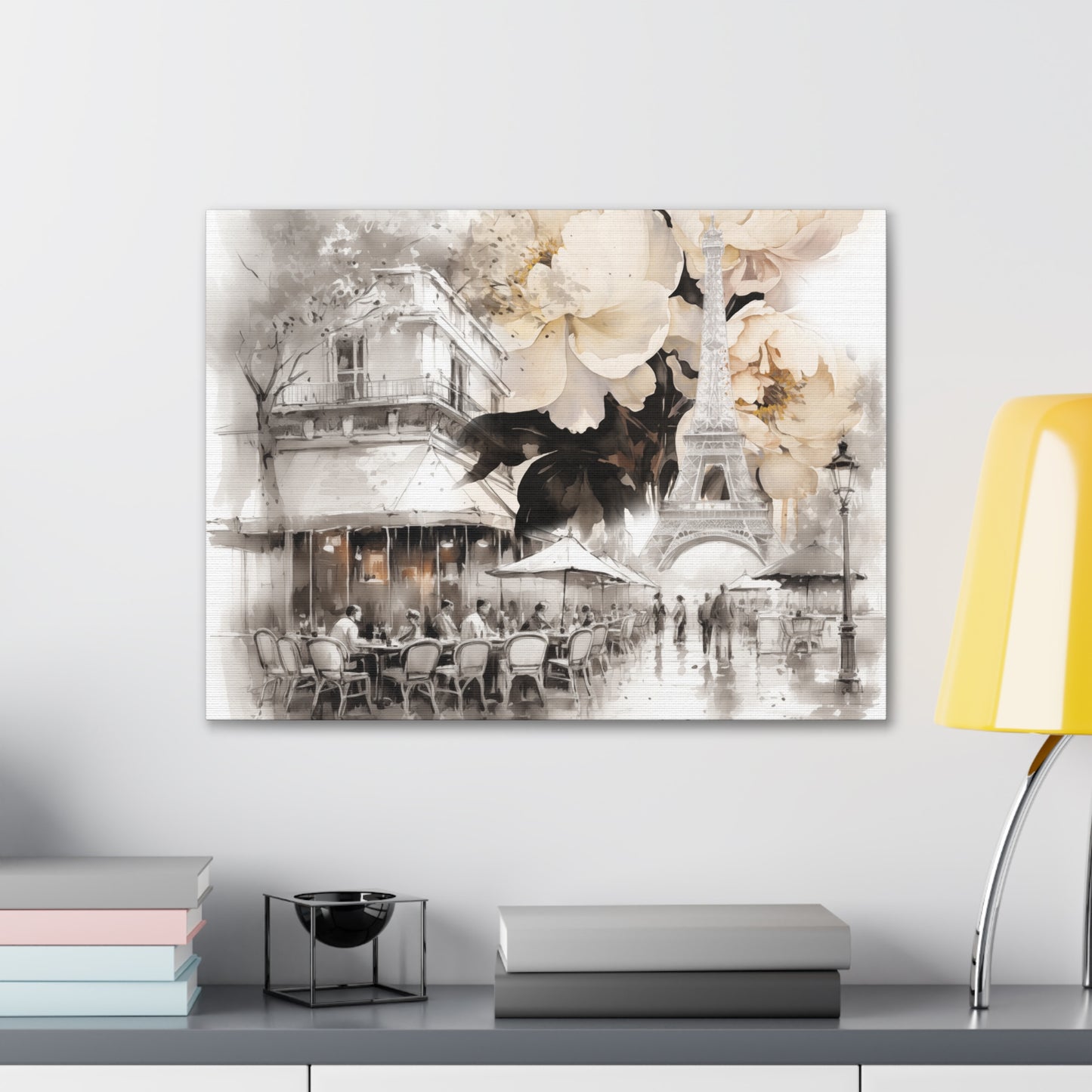 Cafe in Paris with Cream Peonies Canvas Gallery Wrap