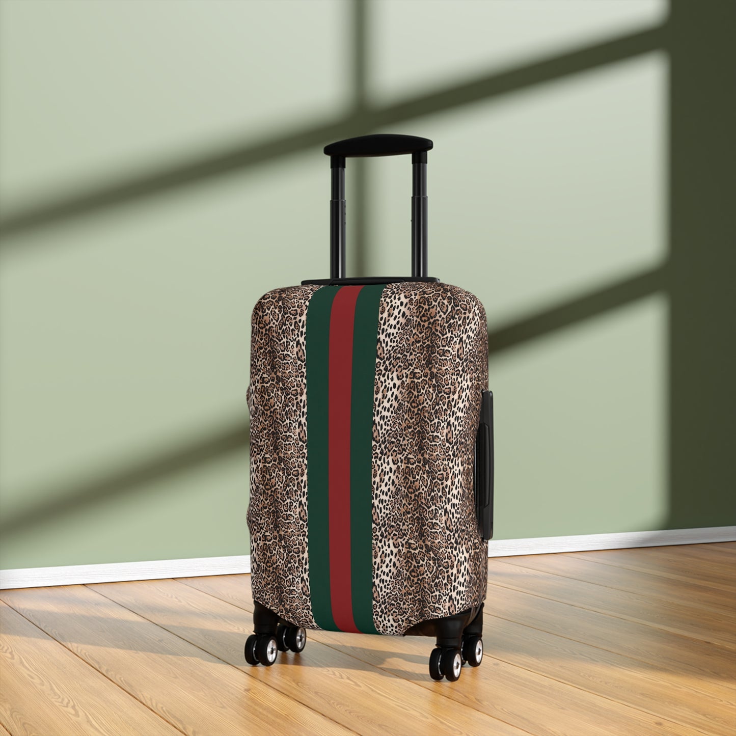 Designer Inspired Luggage Cover - Leopard - Red Green Stripe