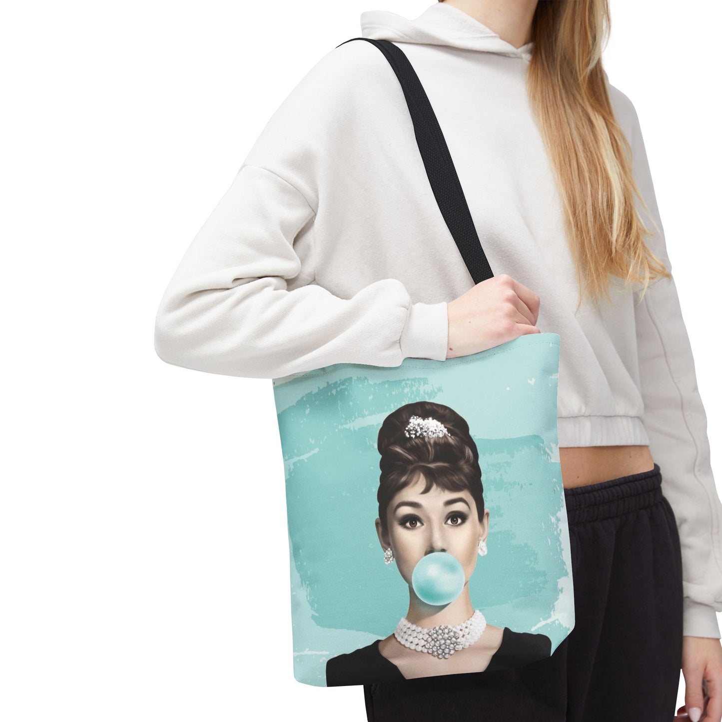 Audrey Hepburn Canvas Tote Bag, Basic Square Tote - Breakfast at Tiffany Inspired, Paris Blue Audrey Hepburn Bubblegum Tote