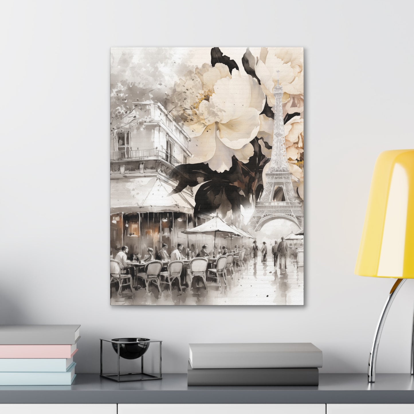 Cafe in Paris with Cream Peonies Canvas Gallery Wrap