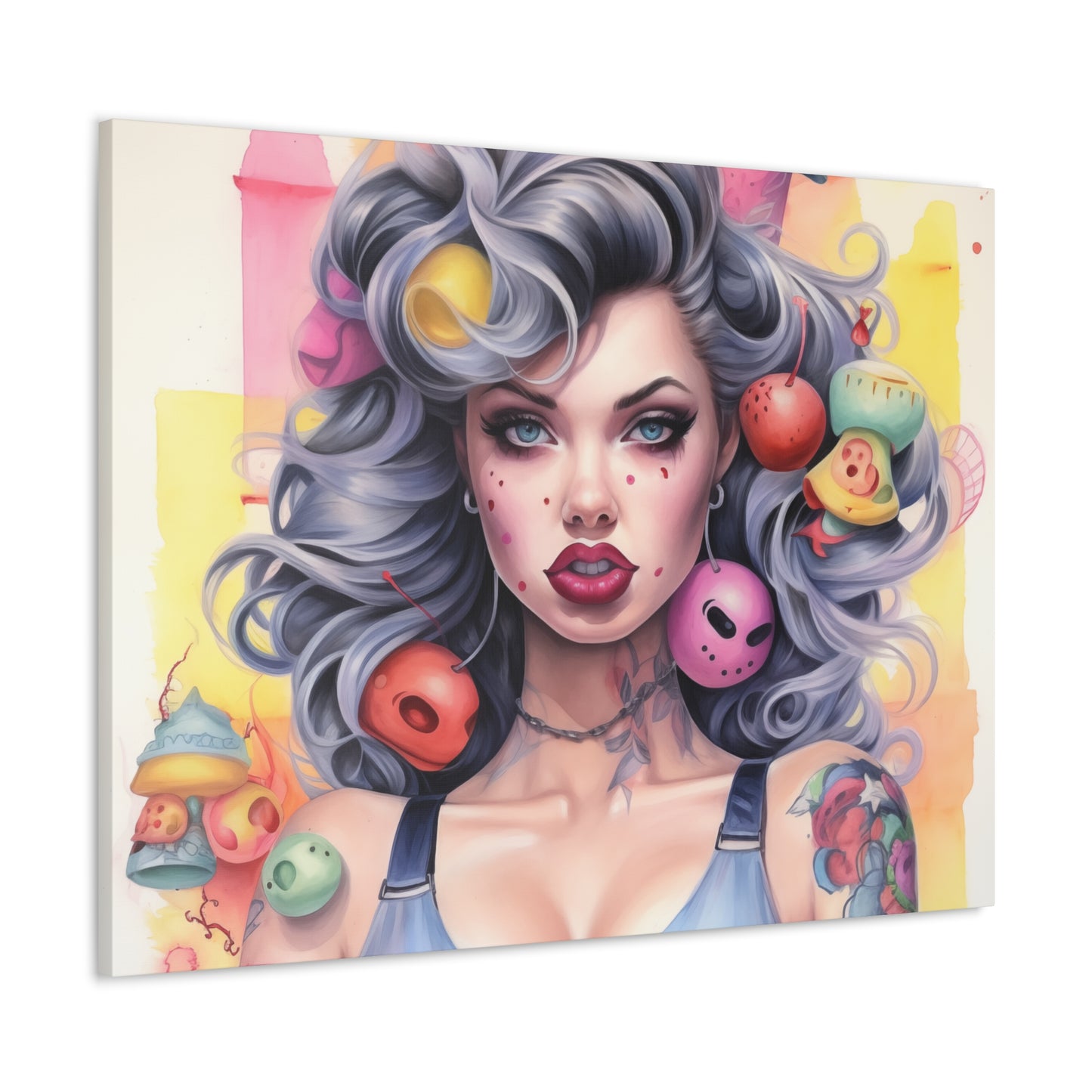 Gallery Wrapped Canvas, Tattooed Beauty, Femme Doll Pop Art Canvas – Lila