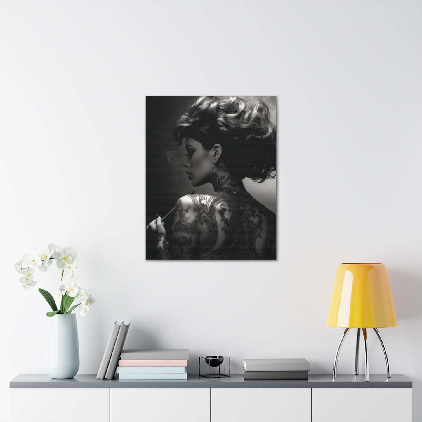 Canvas Gallery Wrap - Black and White Photography - Tattooed and Smoking