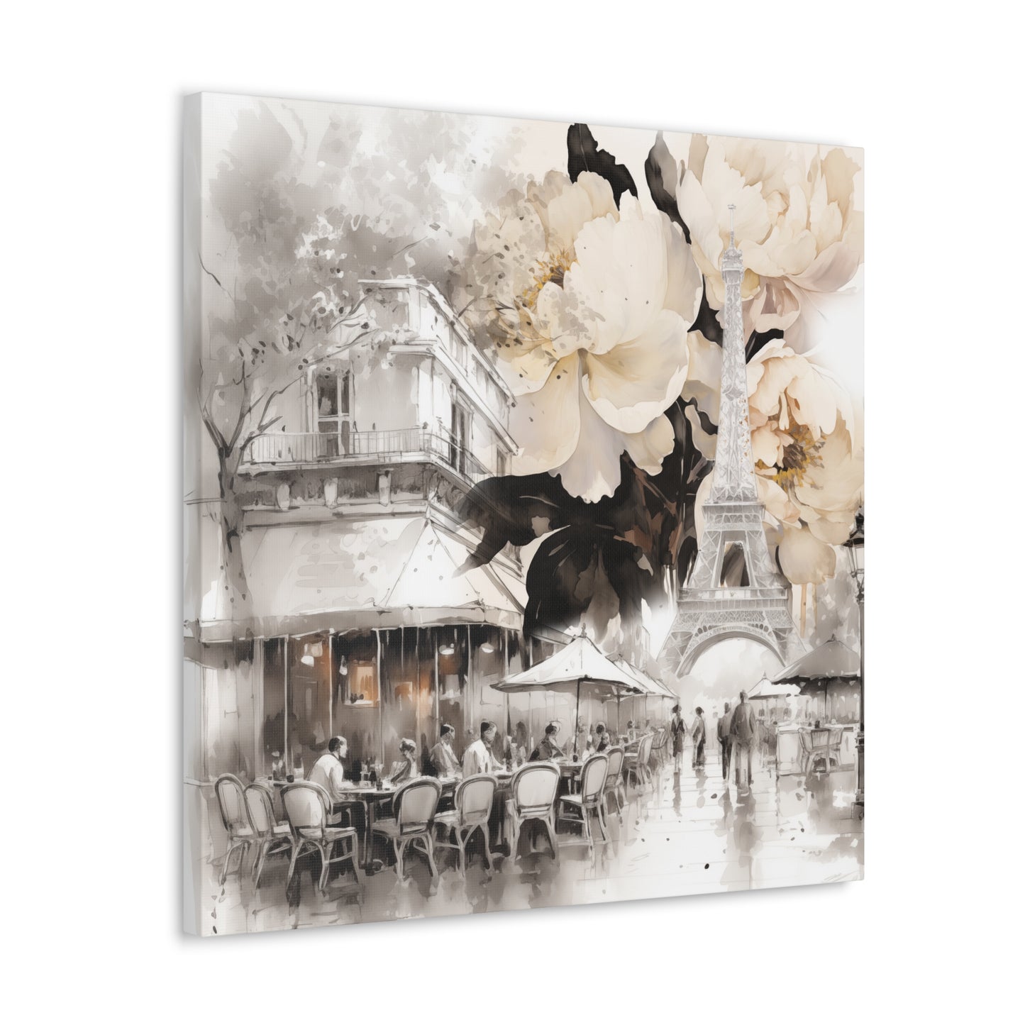 Cafe in Paris with Cream Peonies Canvas Gallery Wrap