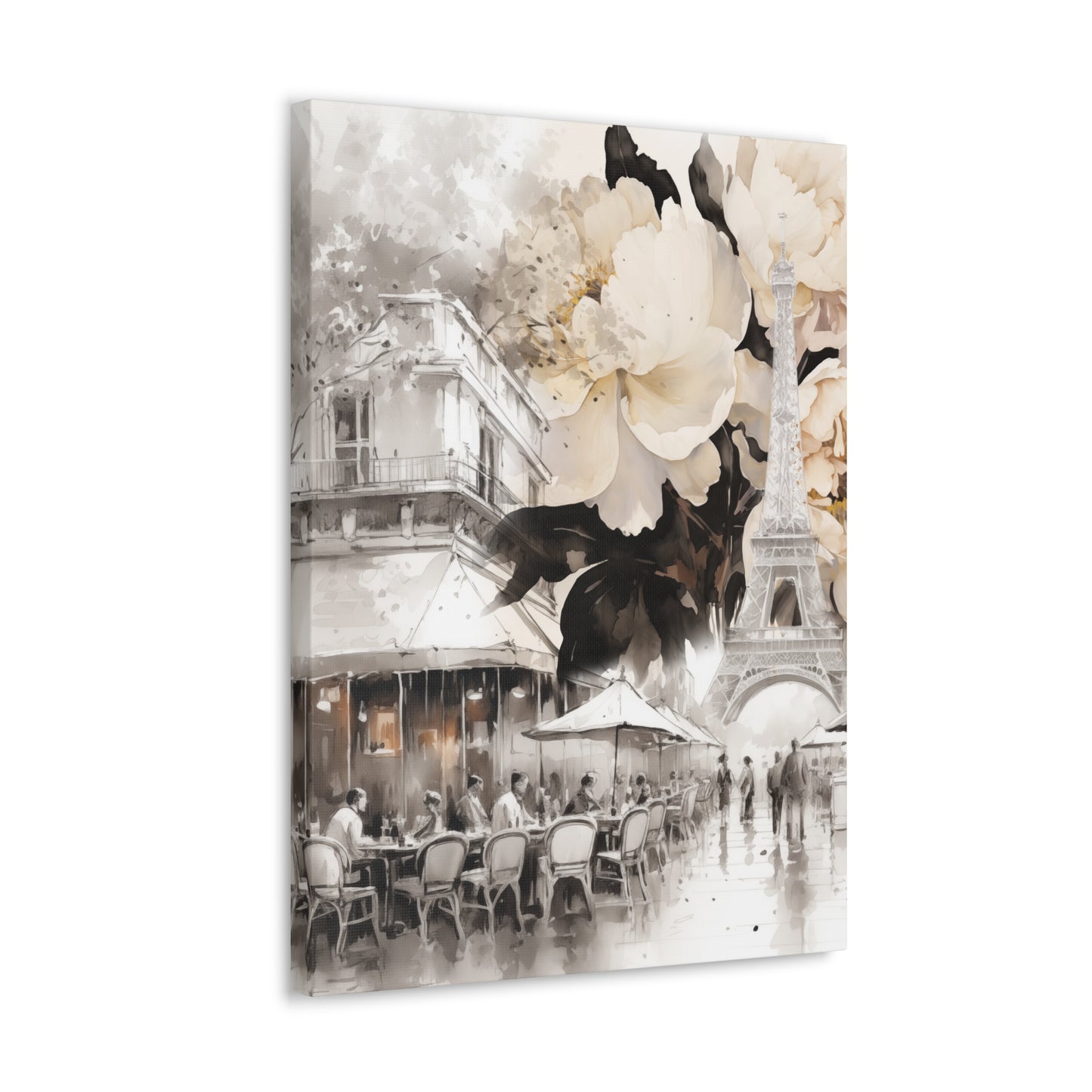 Cafe in Paris with Cream Peonies Canvas Gallery Wrap