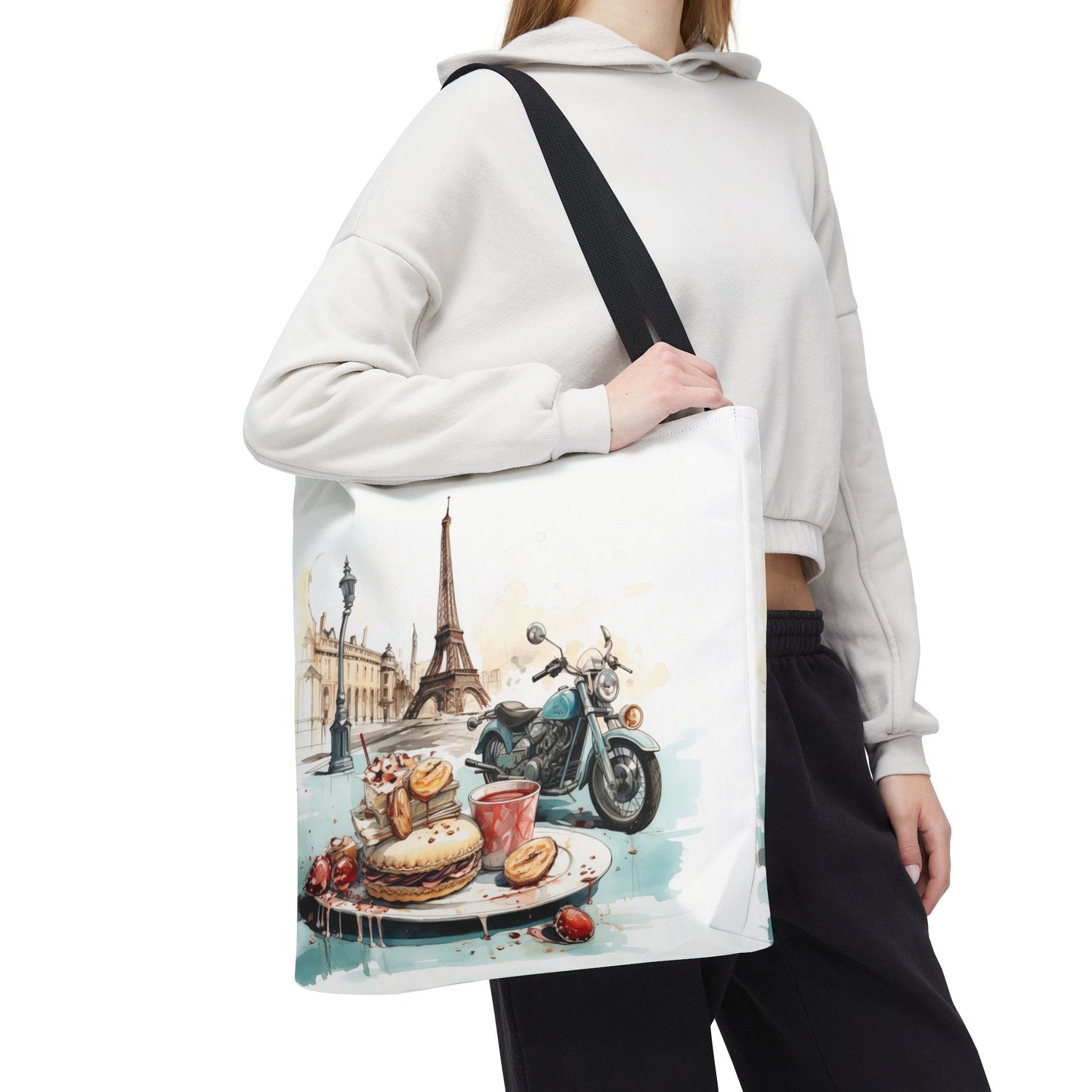 Canvas Tote Bag, Basic Square Tote - Vintage Motorcycle and Pastries in Paris