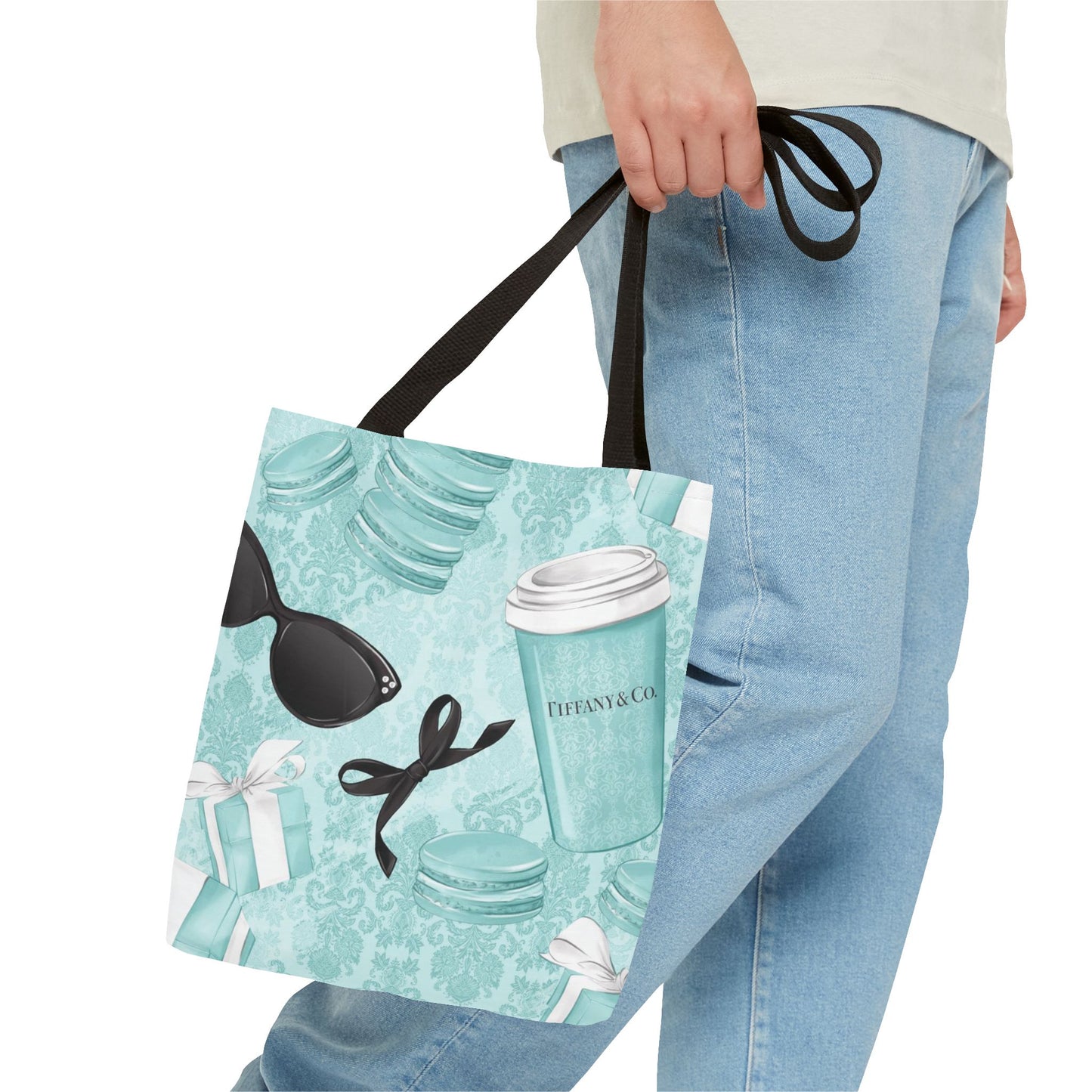 Coffee and Macarons Canvas Tote Bag, Basic Square Tote - Breakfast at Tiffany Inspired, Paris Blue