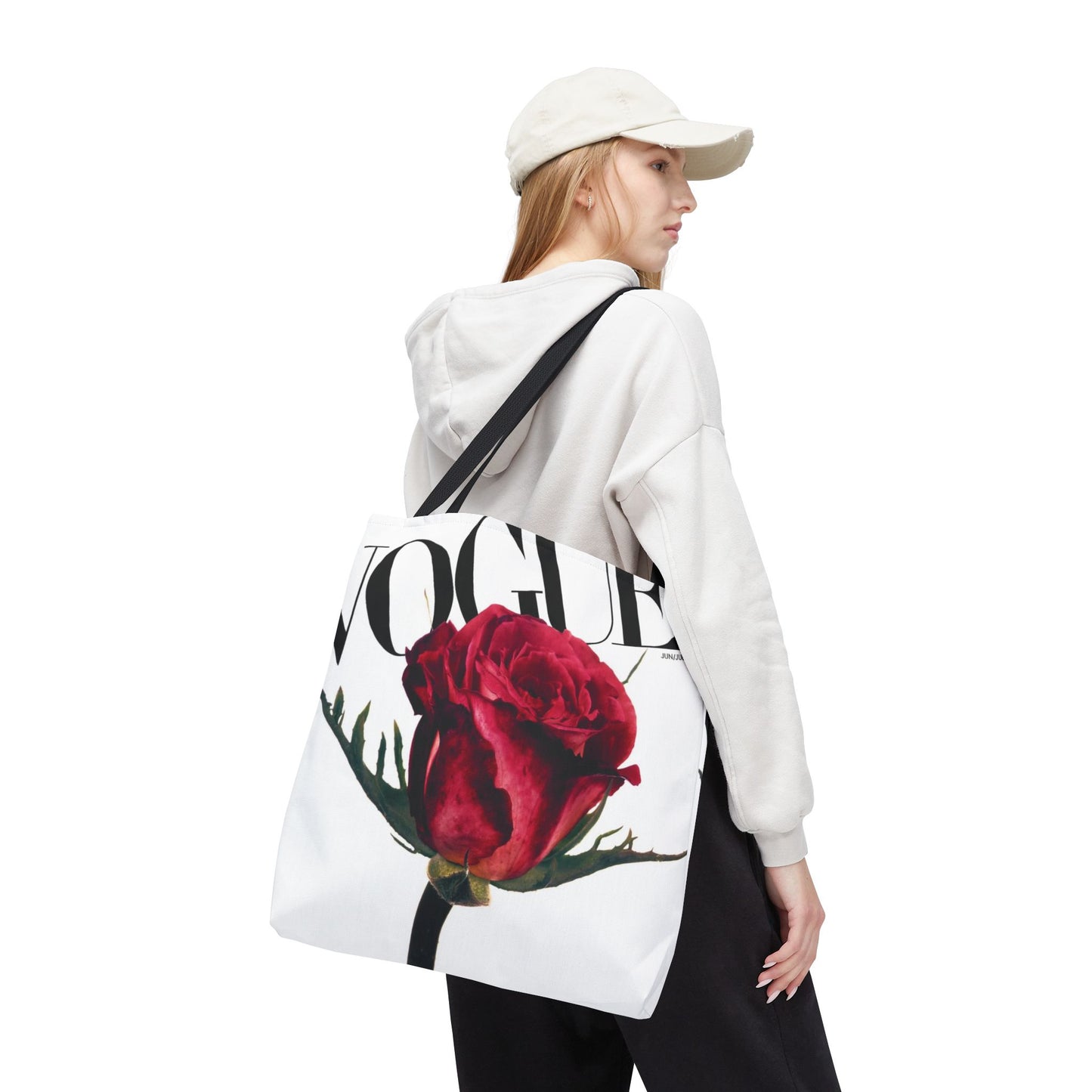 VOGUE Red Rose Square Utility Tote - Fashion Canvas Tote Bag - Designer Inspired Tote