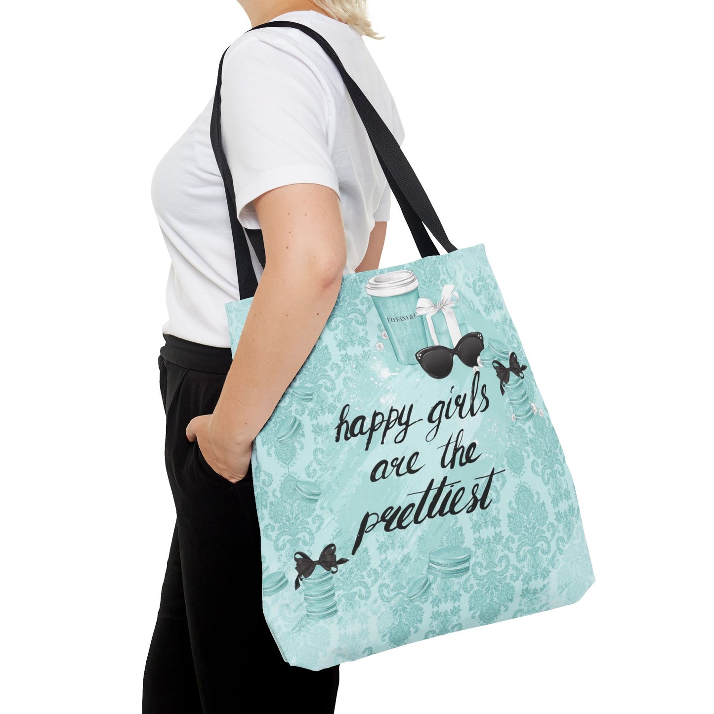 Happy Girls are the Prettiest Canvas Tote Bag, Basic Square Tote - Breakfast at Tiffany Inspired, Paris Blue Tote