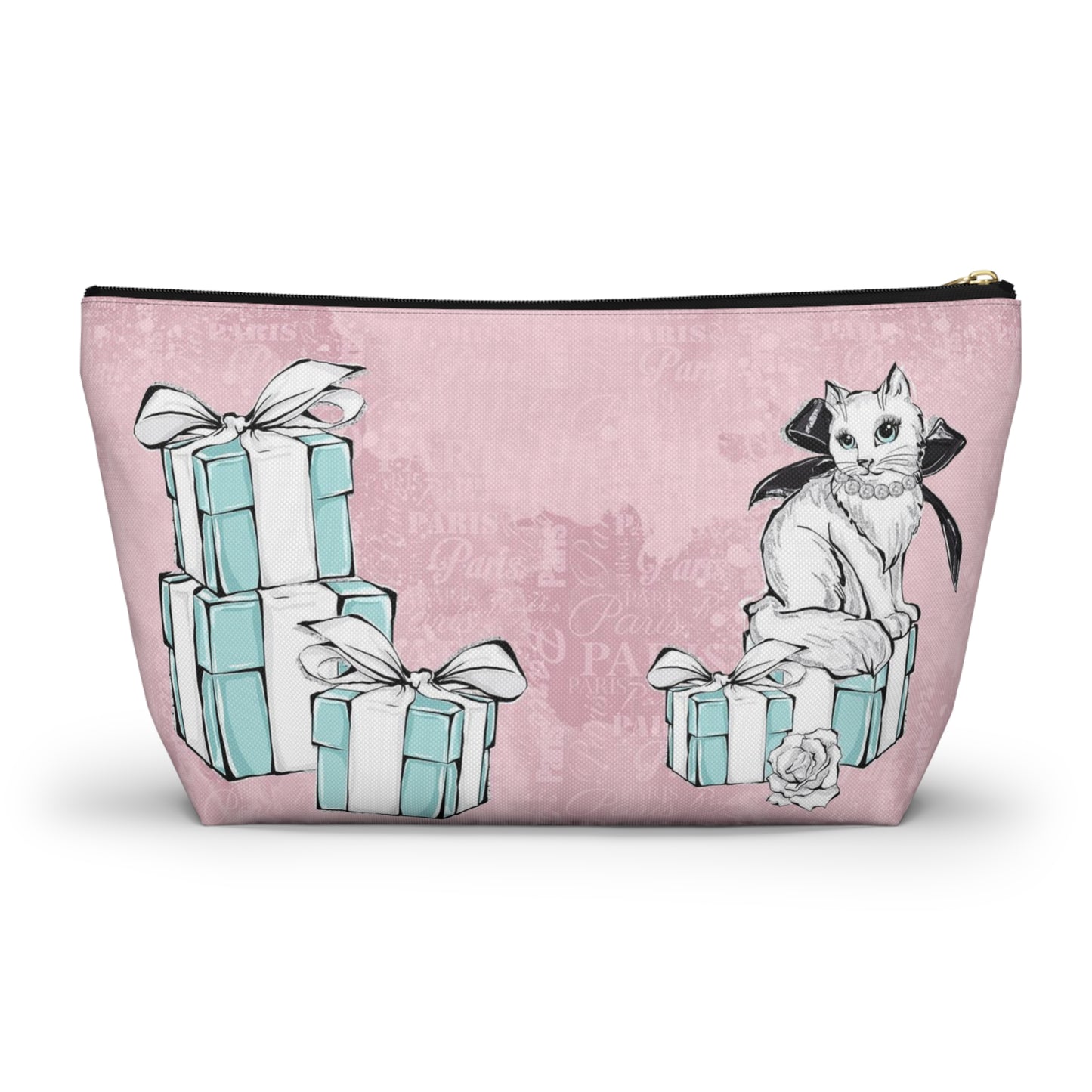 Personalized Kitty Cat Cosmetic Pouch w T-bottom, Accessory Pouch, Cat Lovers Little Blue Gift Box - Paris Pink