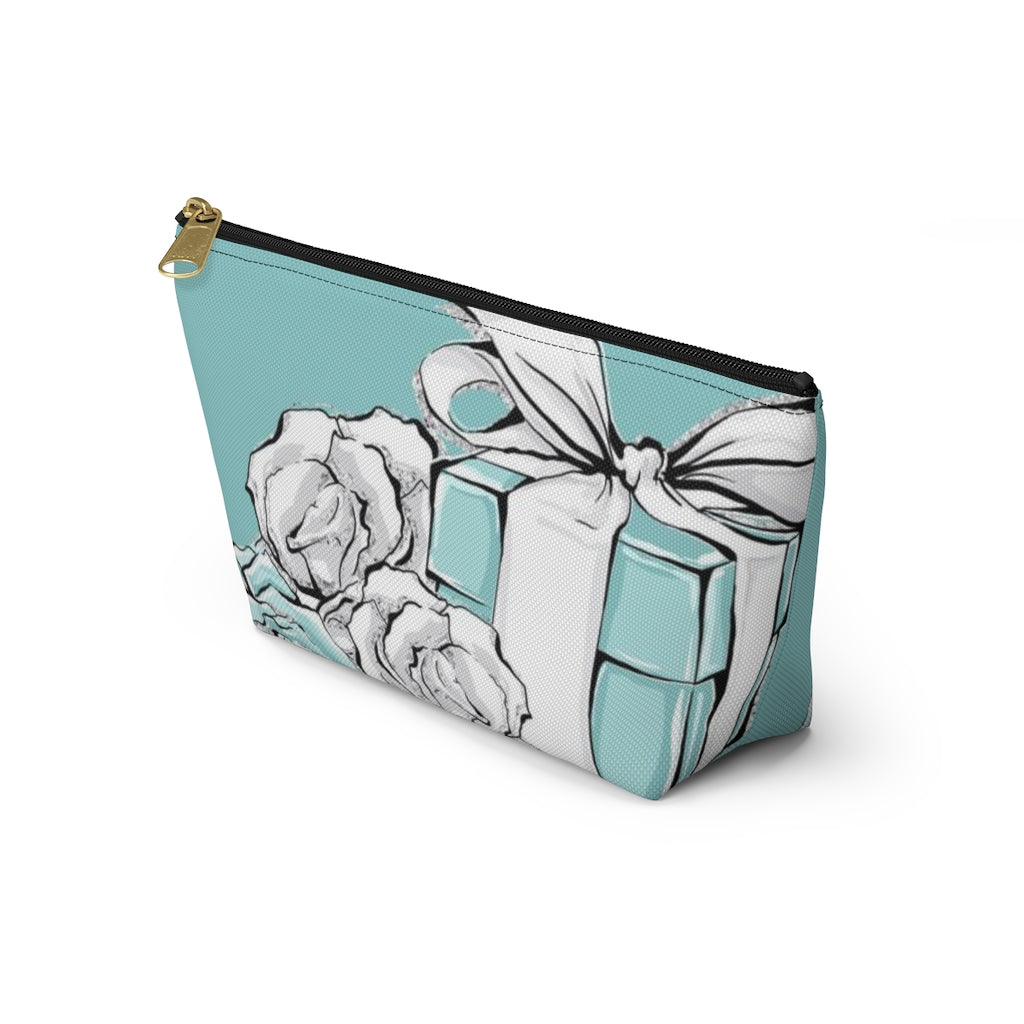 Little Blue Box Cosmetic Pouch w T-bottom, Accessory Pouch, Blue Green Rose Jewelry Box