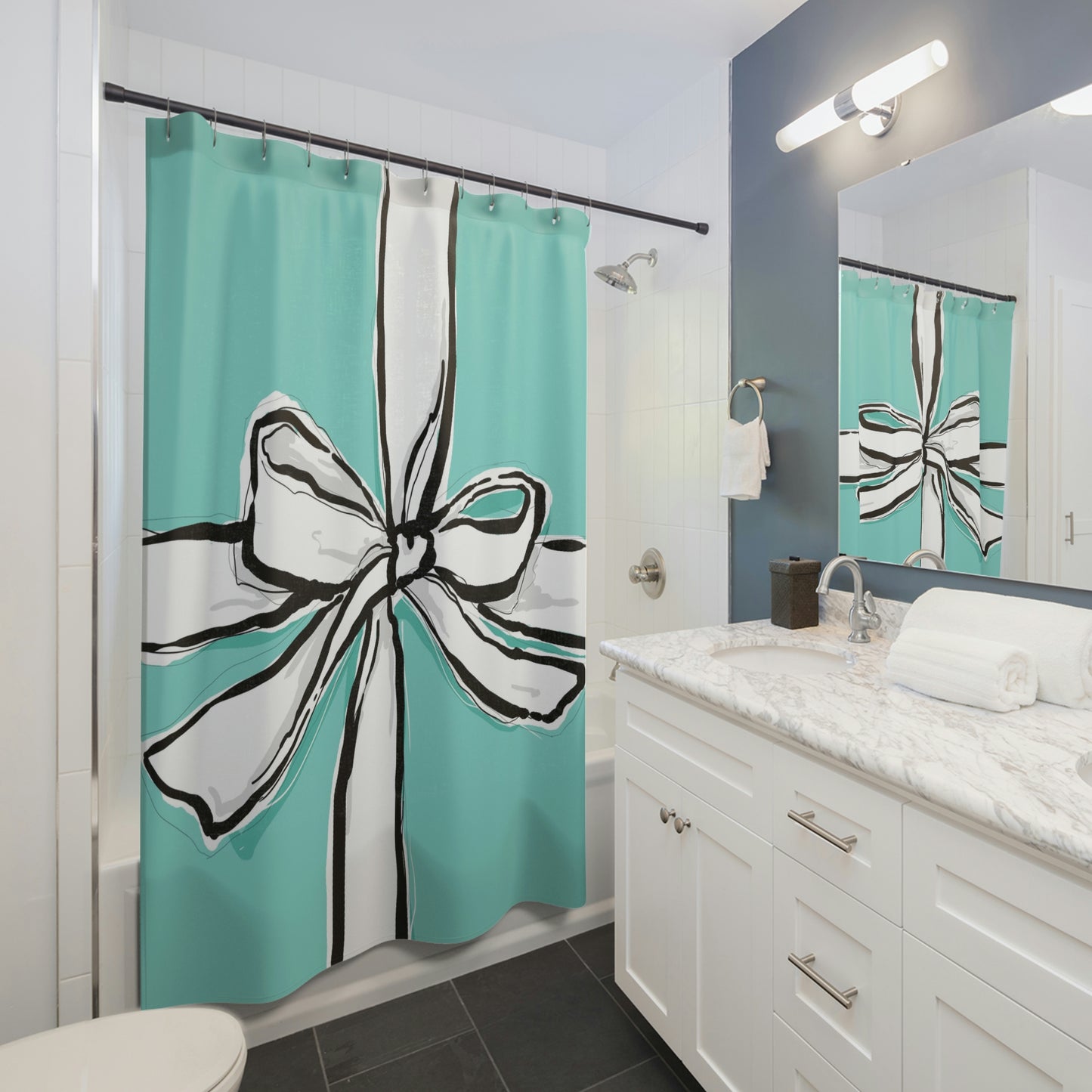 Hand Drawn Little Blue Box Shower Curtain - Breakfast at Tiffany Inspired Bath Curtain - Blue Green Box with White Bow
