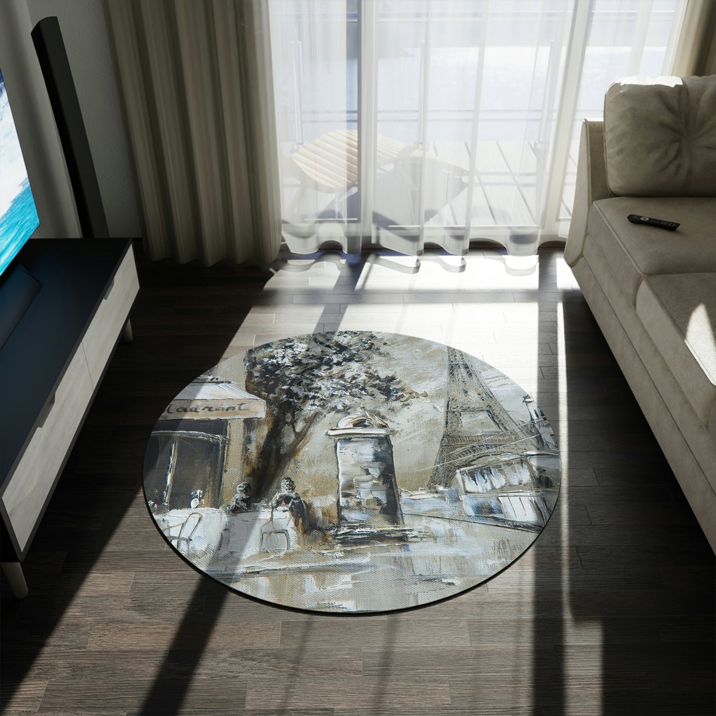 Cafe in Paris Round Chenille Round Rug - 60 Inch Eiffel Tower Floor Mat - French Oil Painting Print