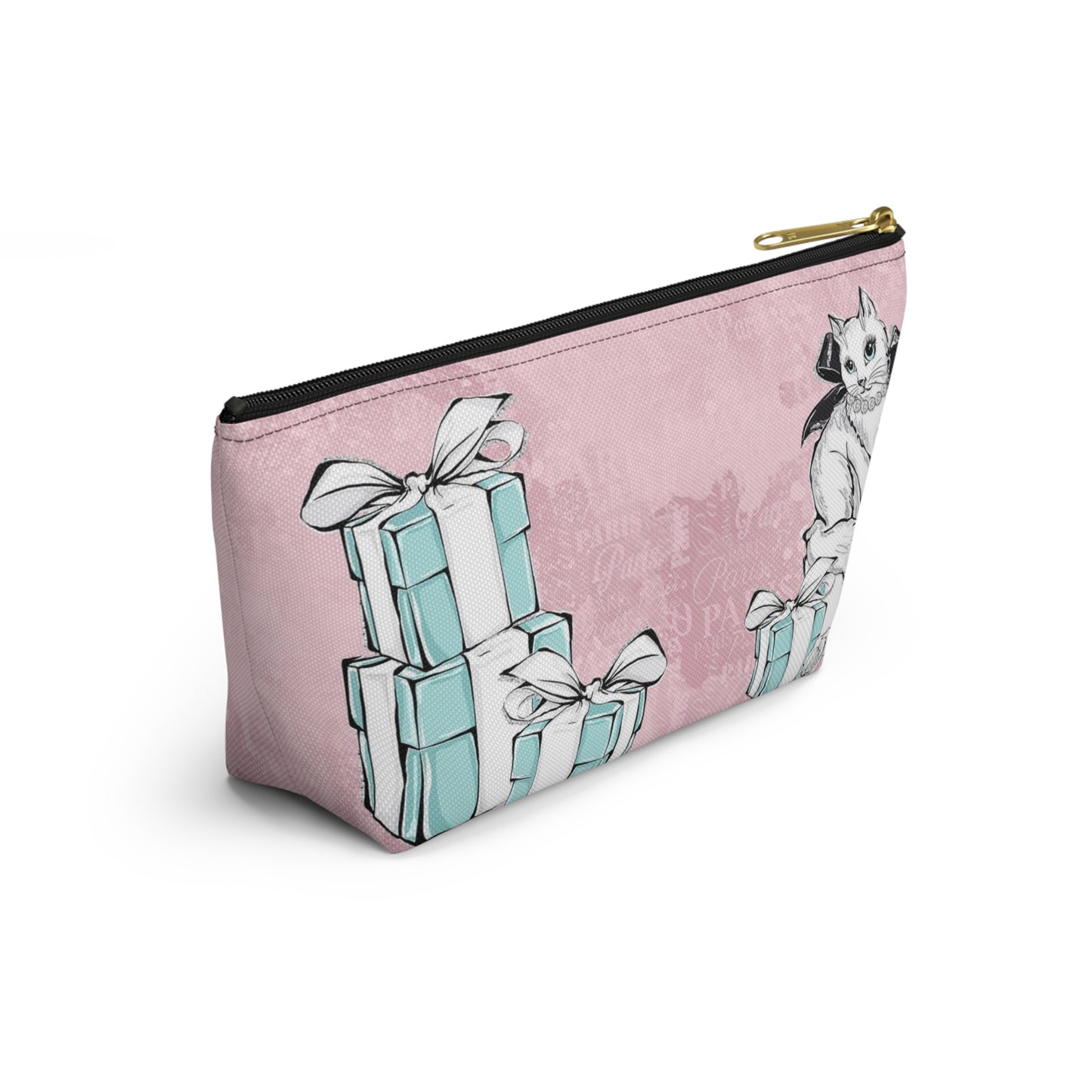 Personalized Kitty Cat Cosmetic Pouch w T-bottom, Accessory Pouch, Cat Lovers Little Blue Gift Box - Paris Pink