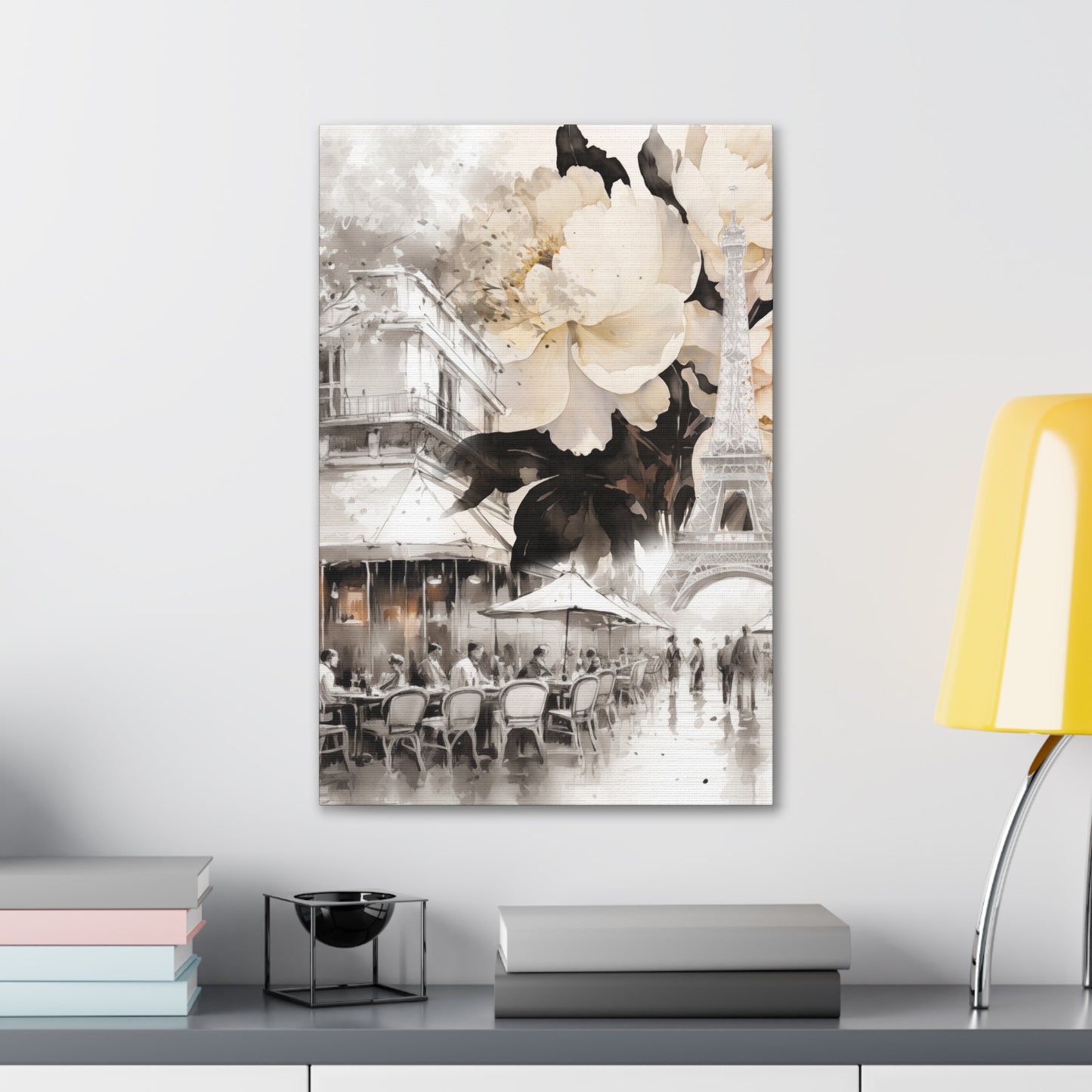 Cafe in Paris with Cream Peonies Canvas Gallery Wrap