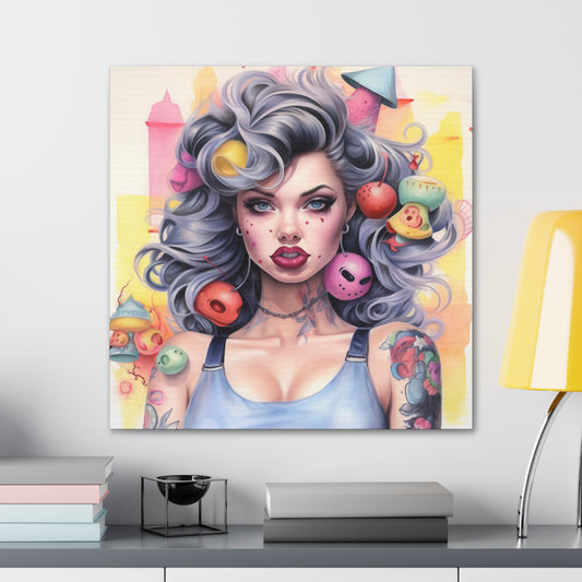 Gallery Wrapped Canvas, Tattooed Beauty, Femme Doll Pop Art Canvas – Lila