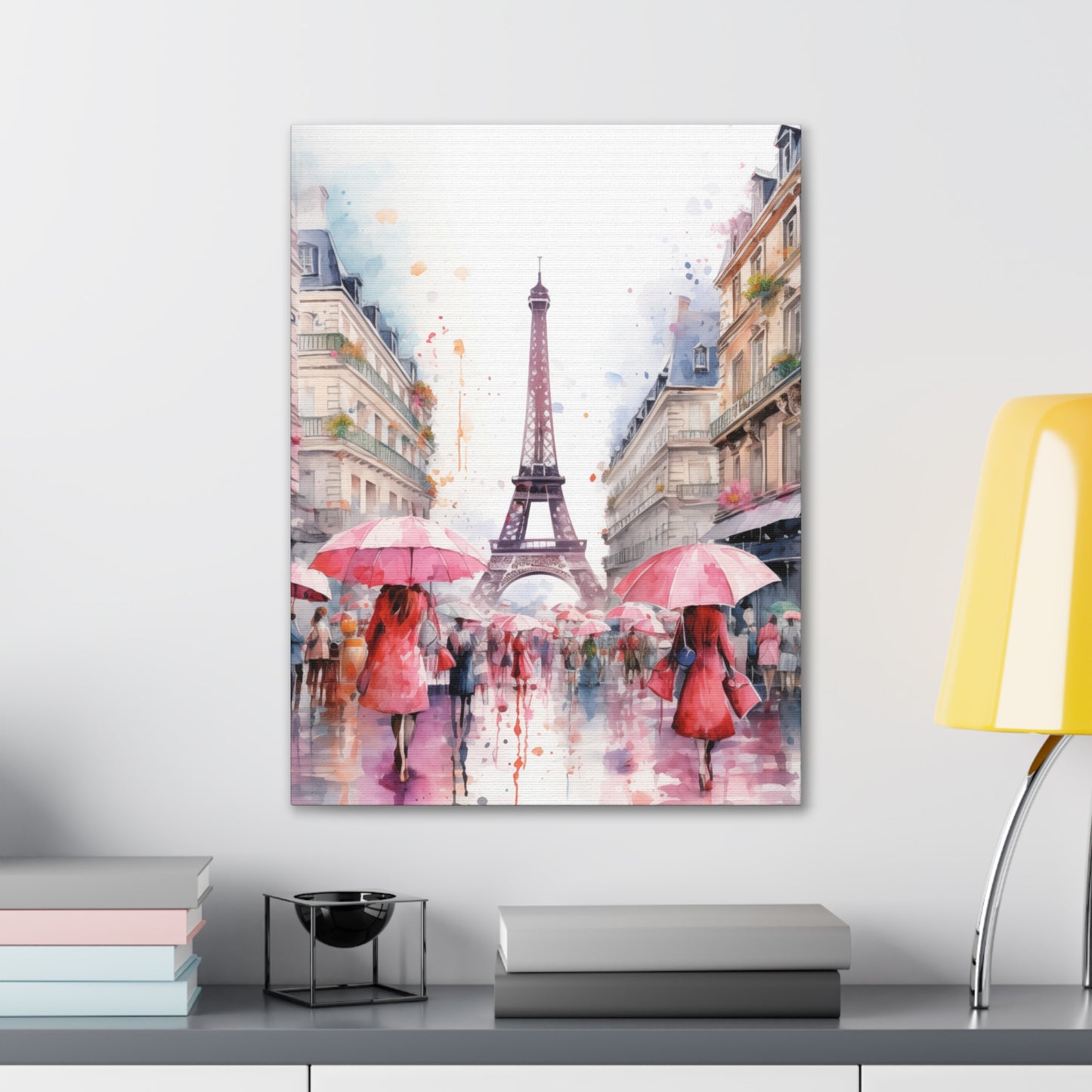 Eiffel Tower Wall Art, Paris France, Canvas Gallery Wrap - Pink Umbrellas