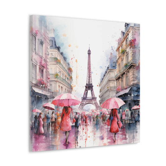 Eiffel Tower Wall Art, Paris France, Canvas Gallery Wrap - Pink Umbrellas