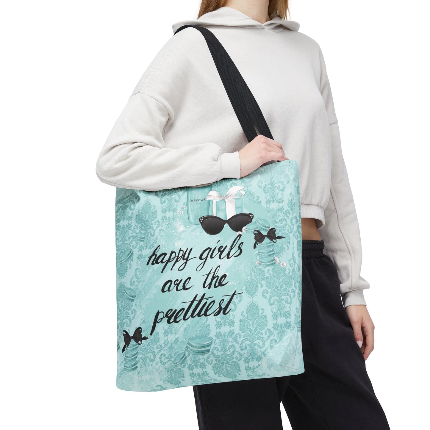 Happy Girls are the Prettiest Canvas Tote Bag, Basic Square Tote - Breakfast at Tiffany Inspired, Paris Blue Tote