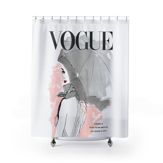 VOGUE Summer Fashion Shower Curtain - Fashion Magazine Shower Curtain - Pink Umbrella Fashion Bathroom Curtain