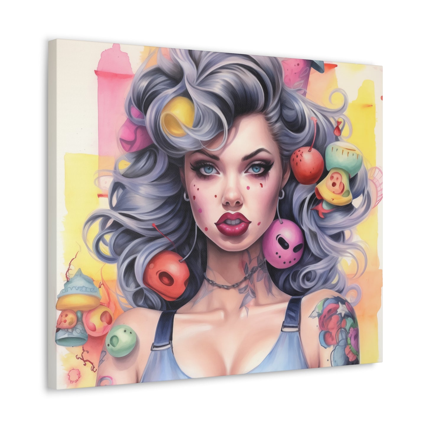 Gallery Wrapped Canvas, Tattooed Beauty, Femme Doll Pop Art Canvas – Lila