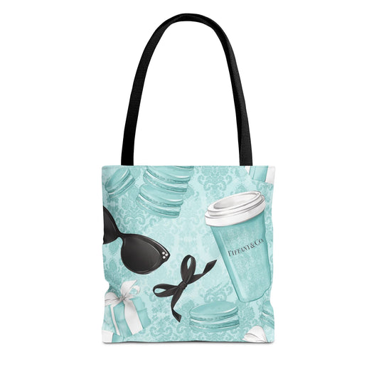Coffee and Macarons Canvas Tote Bag, Basic Square Tote - Breakfast at Tiffany Inspired, Paris Blue