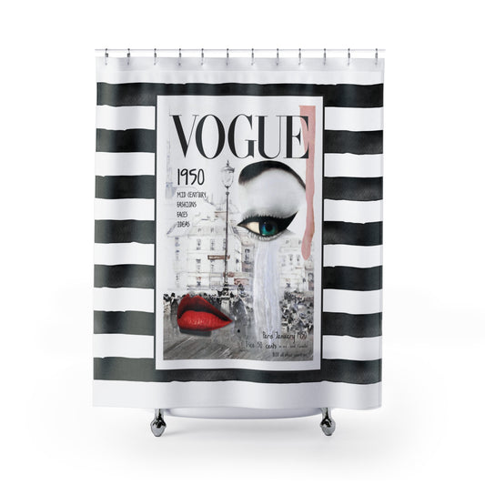 1950 Paris VOGUE Shower Curtain - Fashion Magazine Shower Curtain - Black & White Stripe Bathroom Curtain