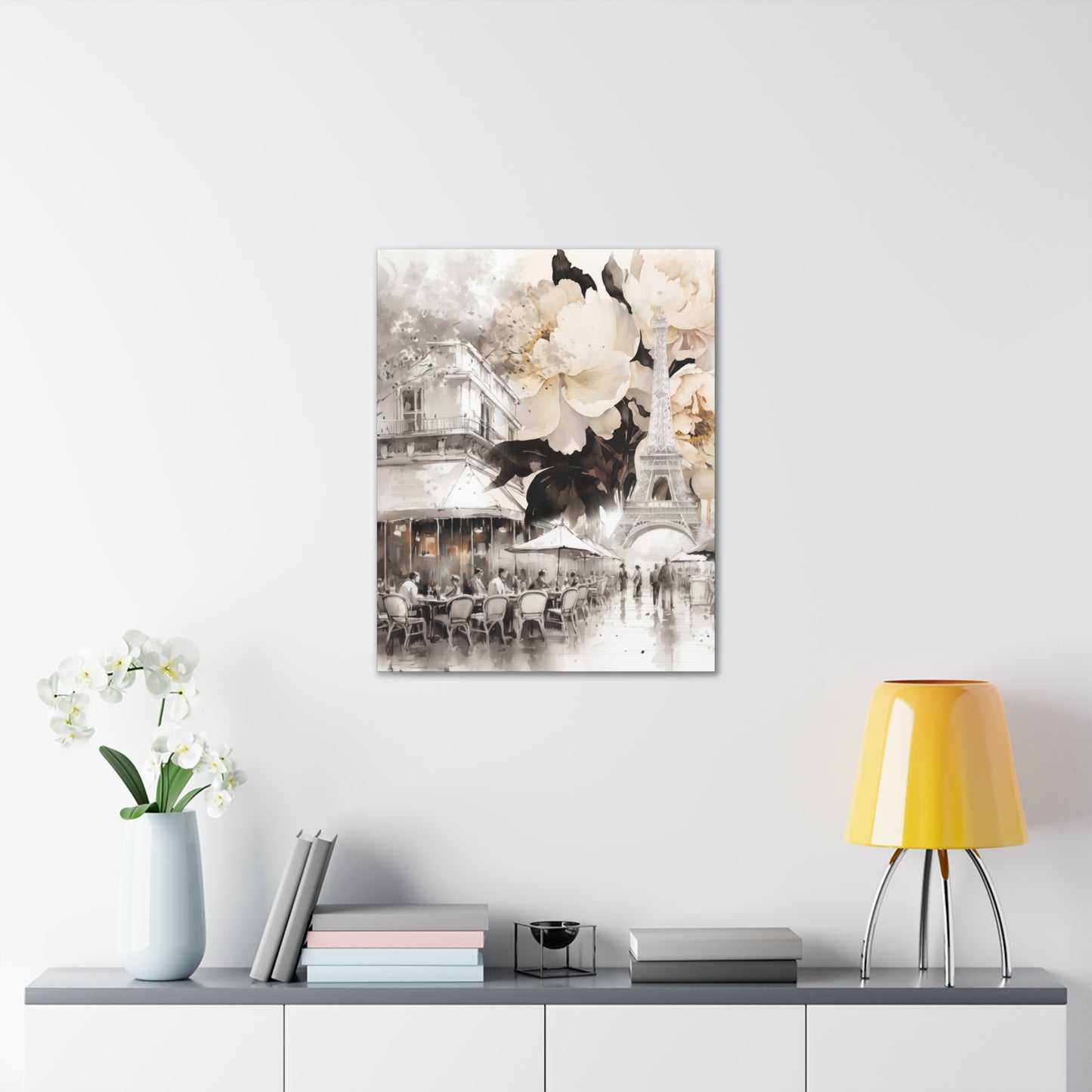 Cafe in Paris with Cream Peonies Canvas Gallery Wrap