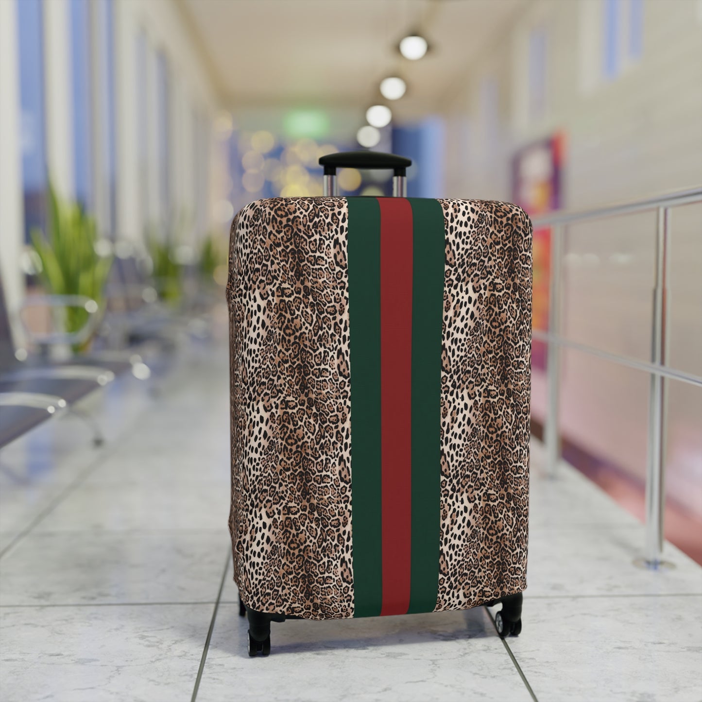 Designer Inspired Luggage Cover - Leopard - Red Green Stripe