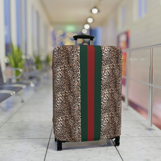 Designer Inspired Luggage Cover - Leopard - Red Green Stripe