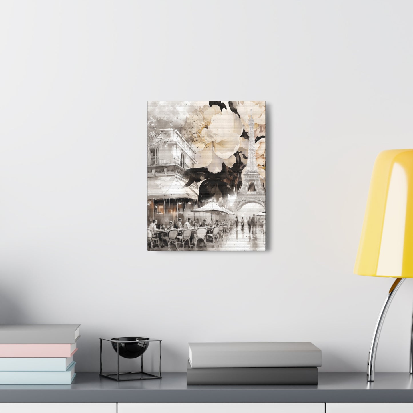 Cafe in Paris with Cream Peonies Canvas Gallery Wrap