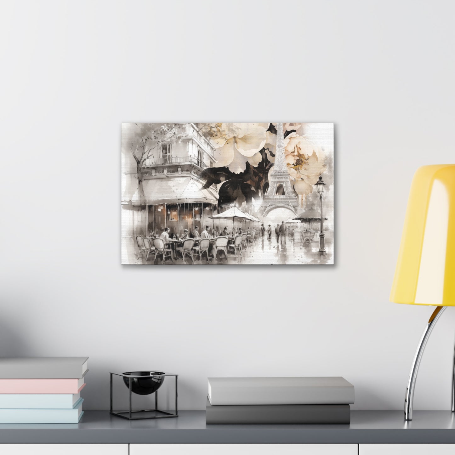 Cafe in Paris with Cream Peonies Canvas Gallery Wrap