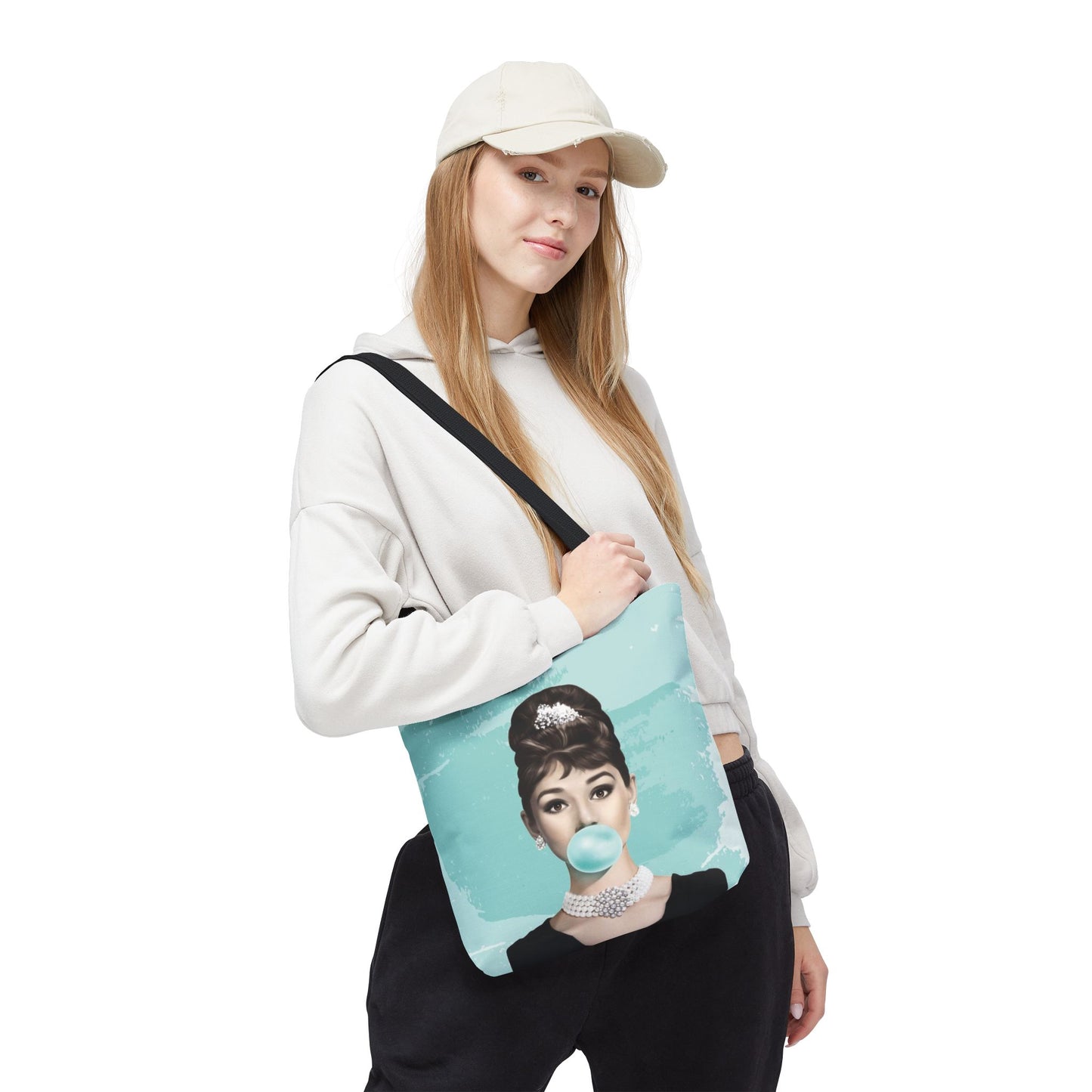Audrey Hepburn Canvas Tote Bag, Basic Square Tote - Breakfast at Tiffany Inspired, Paris Blue Audrey Hepburn Bubblegum Tote