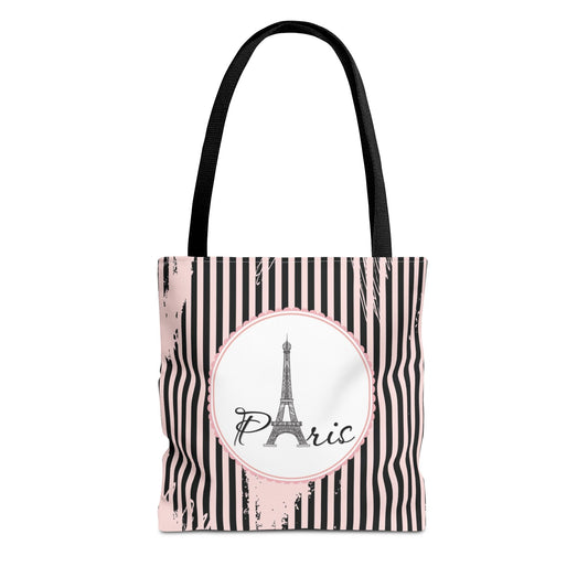 Paris Tote Bag, Utility Tote - Eiffel Tower Tote - Fashion Tote - Pink and Black Stripe