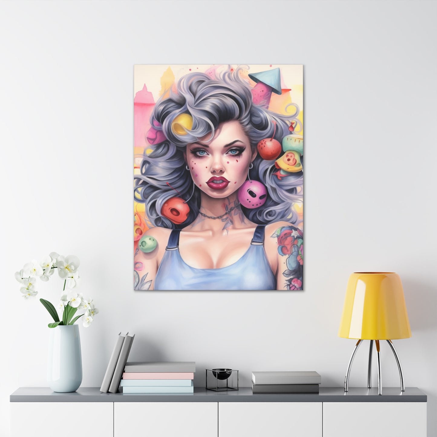 Gallery Wrapped Canvas, Tattooed Beauty, Femme Doll Pop Art Canvas – Lila