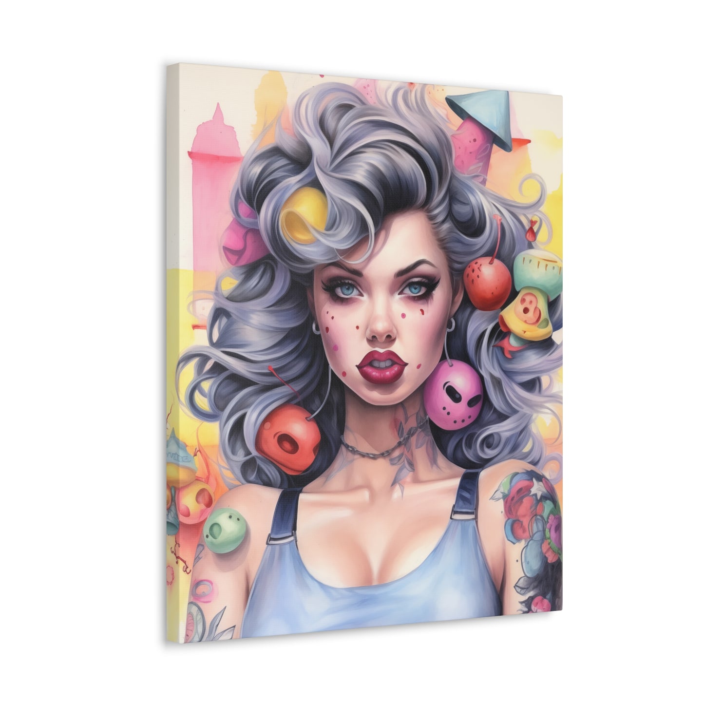 Gallery Wrapped Canvas, Tattooed Beauty, Femme Doll Pop Art Canvas – Lila