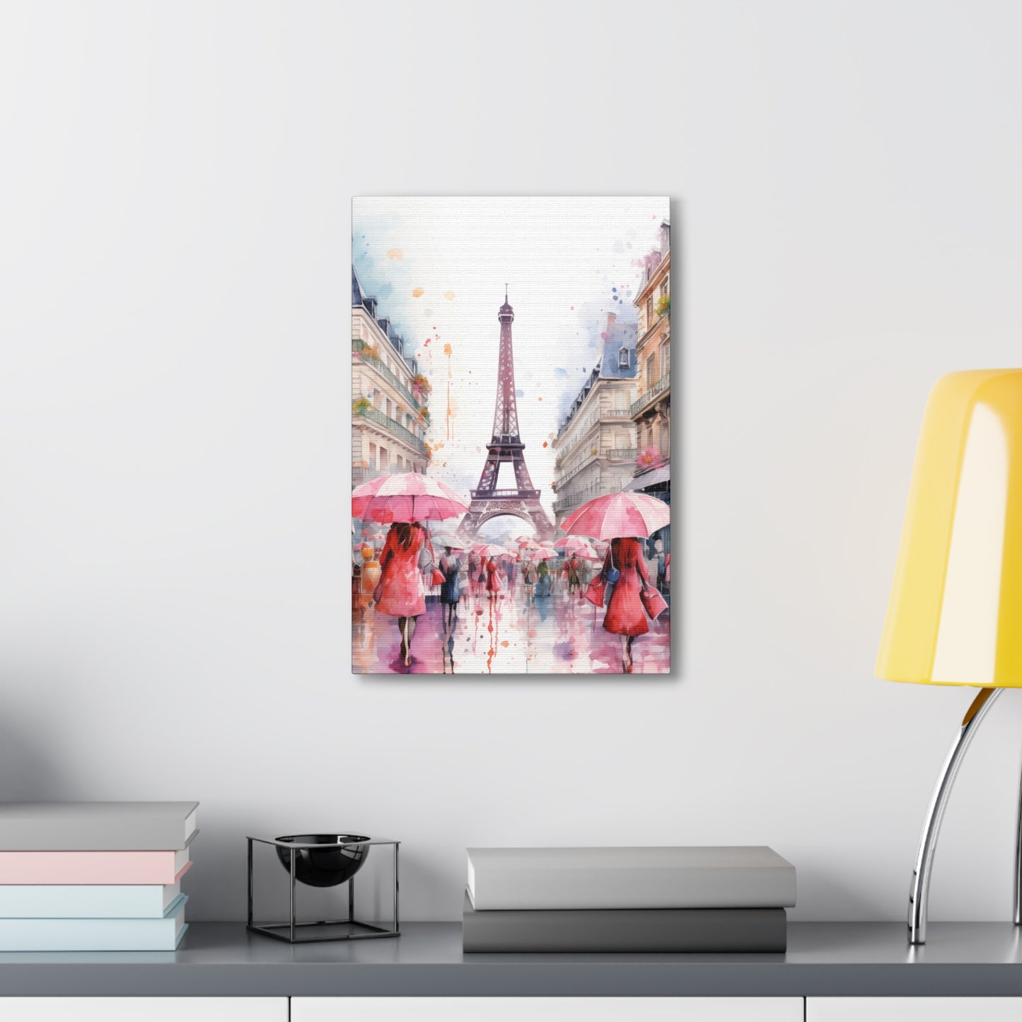 Eiffel Tower Wall Art, Paris France, Canvas Gallery Wrap - Pink Umbrellas