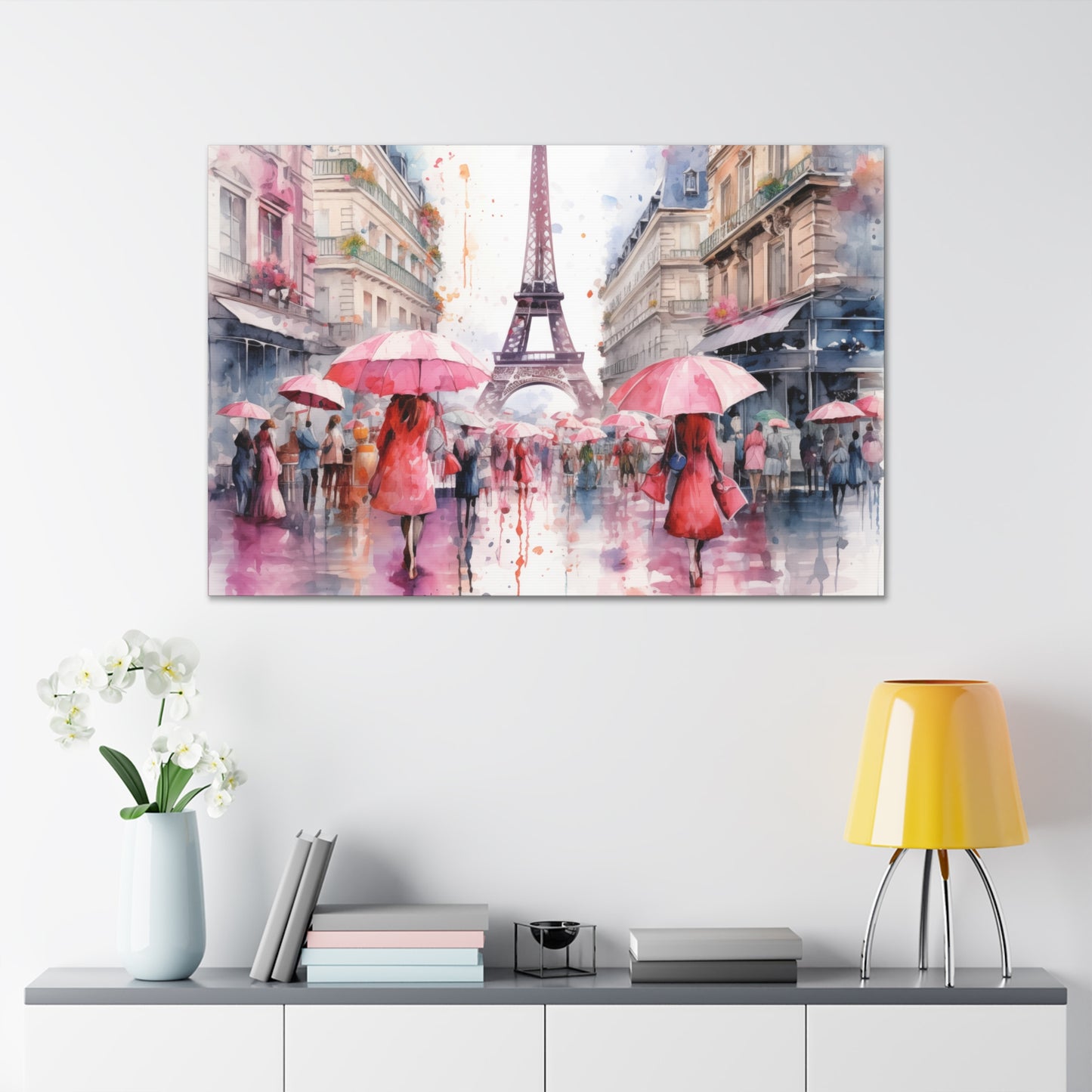 Eiffel Tower Wall Art, Paris France, Canvas Gallery Wrap - Pink Umbrellas