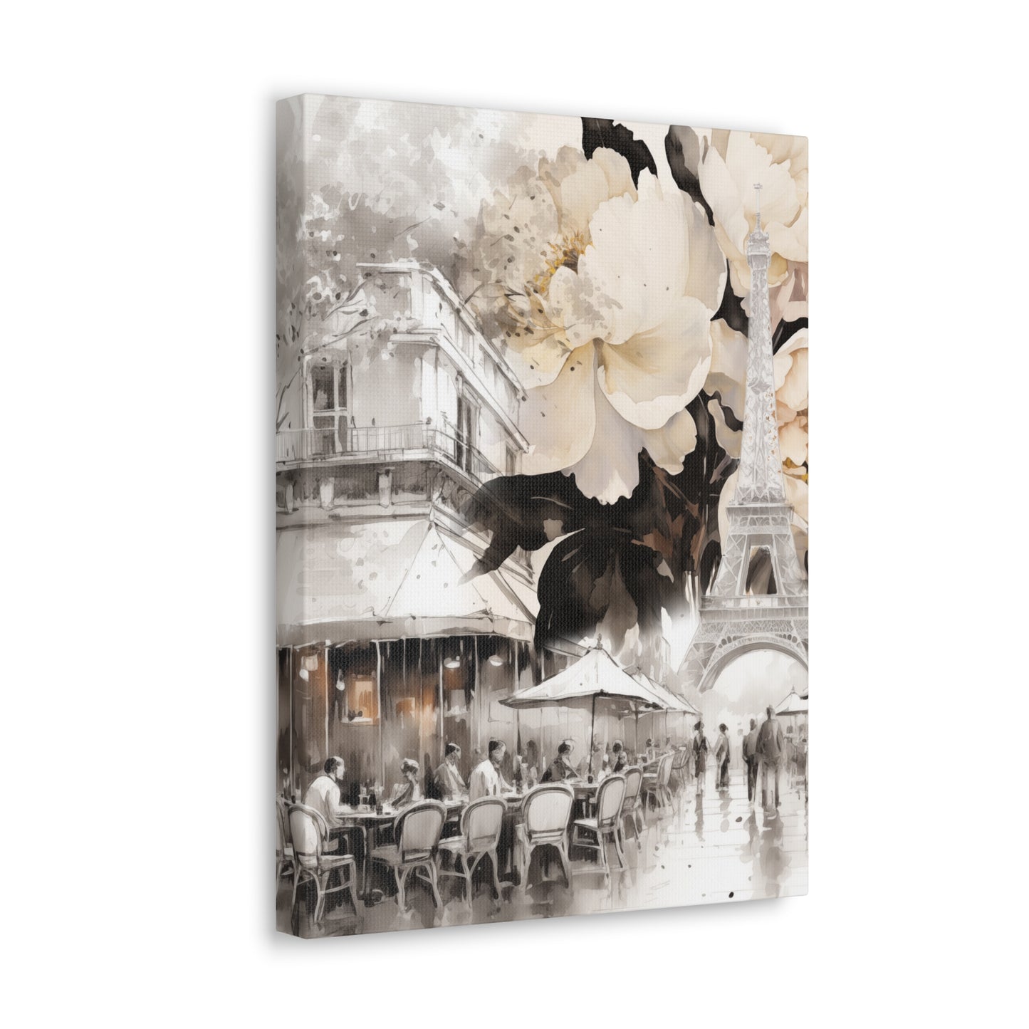 Cafe in Paris with Cream Peonies Canvas Gallery Wrap