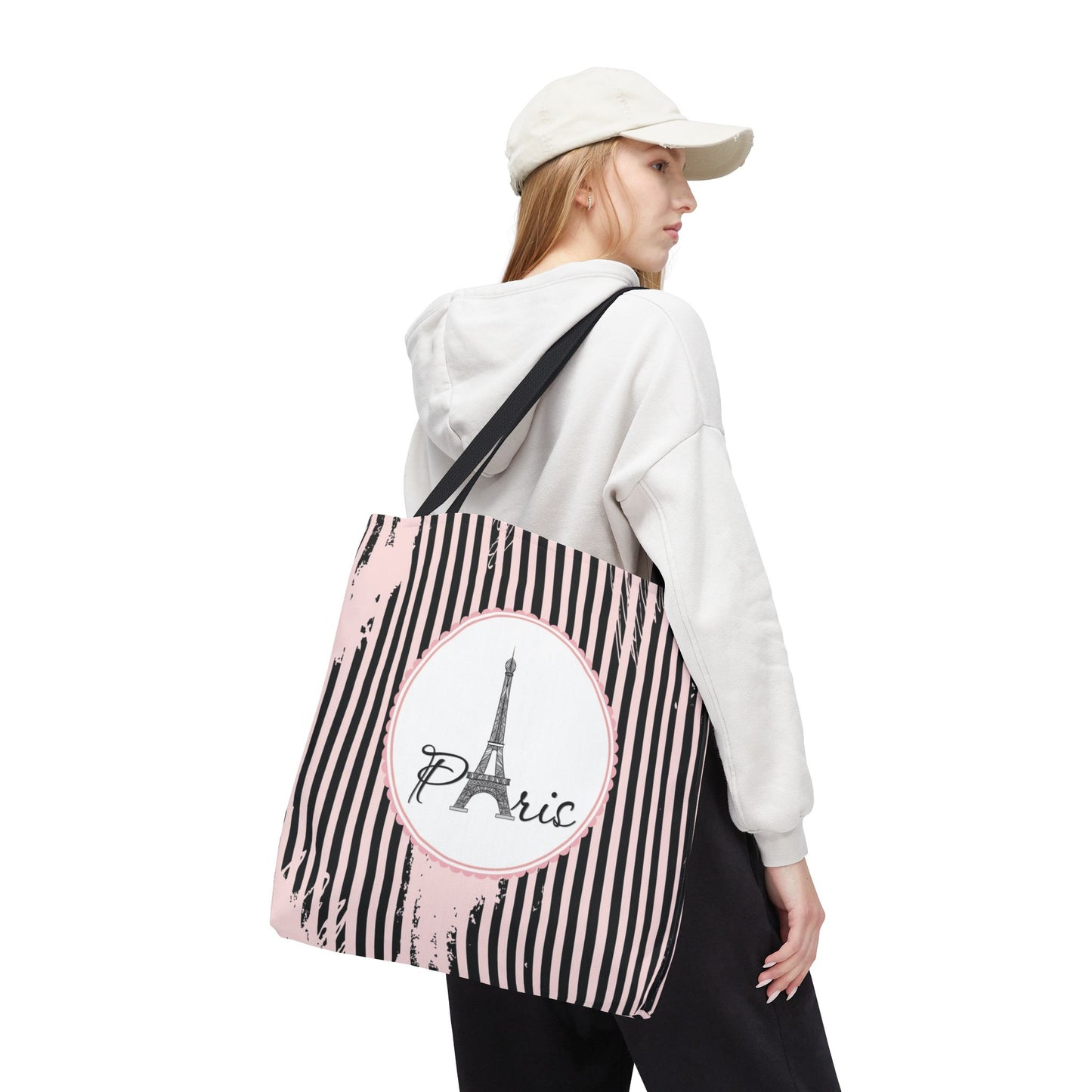 Paris Tote Bag, Utility Tote - Eiffel Tower Tote - Fashion Tote - Pink and Black Stripe