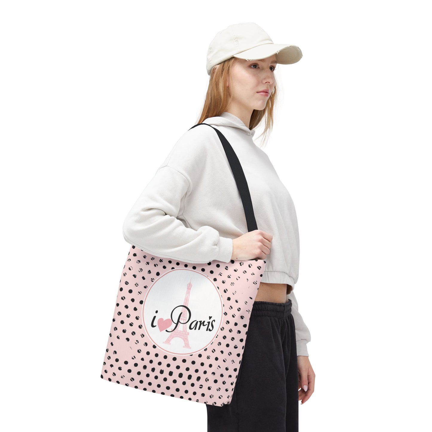 I heart Paris Tote Bag, Utility Tote - Eiffel Tower Tote - Fashion Tote - Black Dot